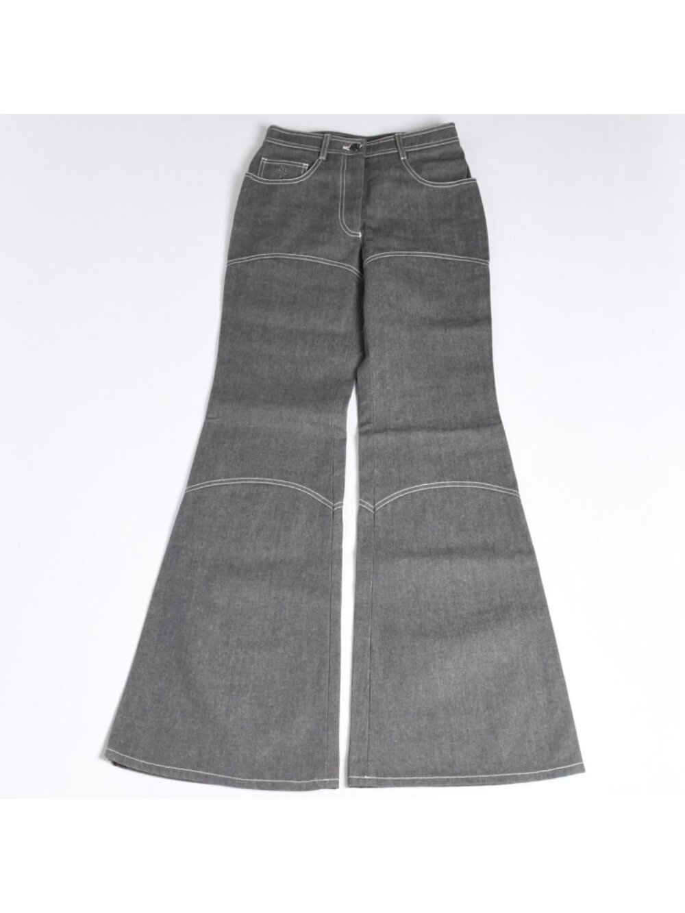 Chanel Flare Bell Denim Pants CC Logo Rhinestone Gray Bootcut White Stitch